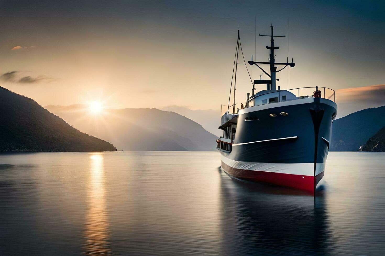 un barco es atracado en el agua a puesta de sol. generado por ai foto