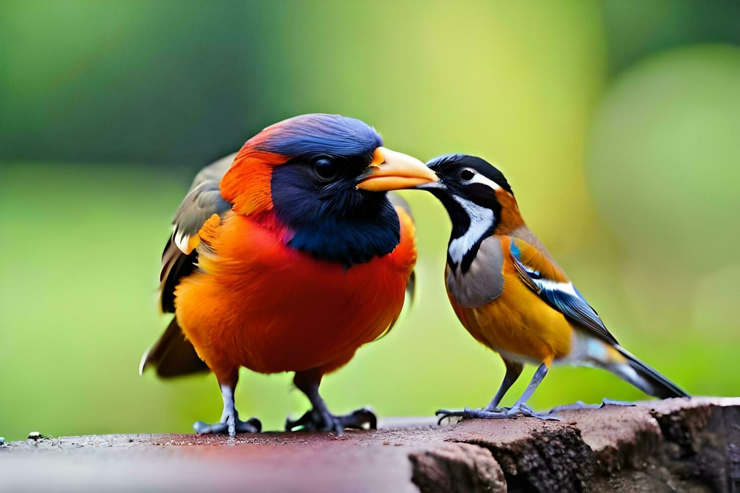a colorful bird and a small bird are standing on a wooden ledge. AI-Generated photo