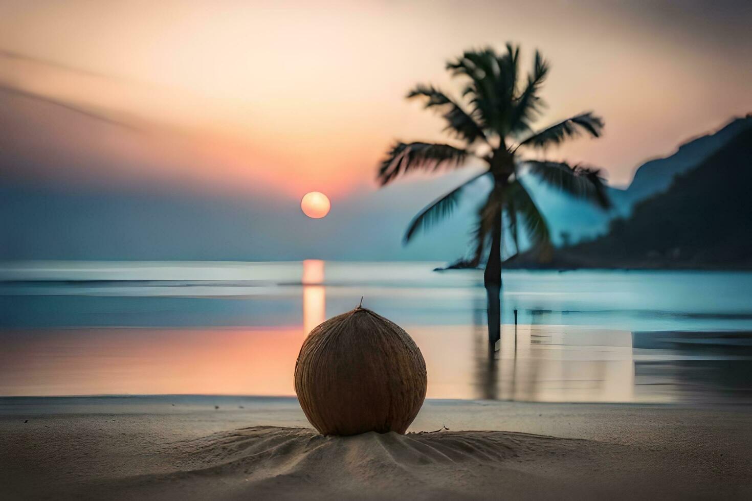 Coco en el playa a puesta de sol. generado por ai foto