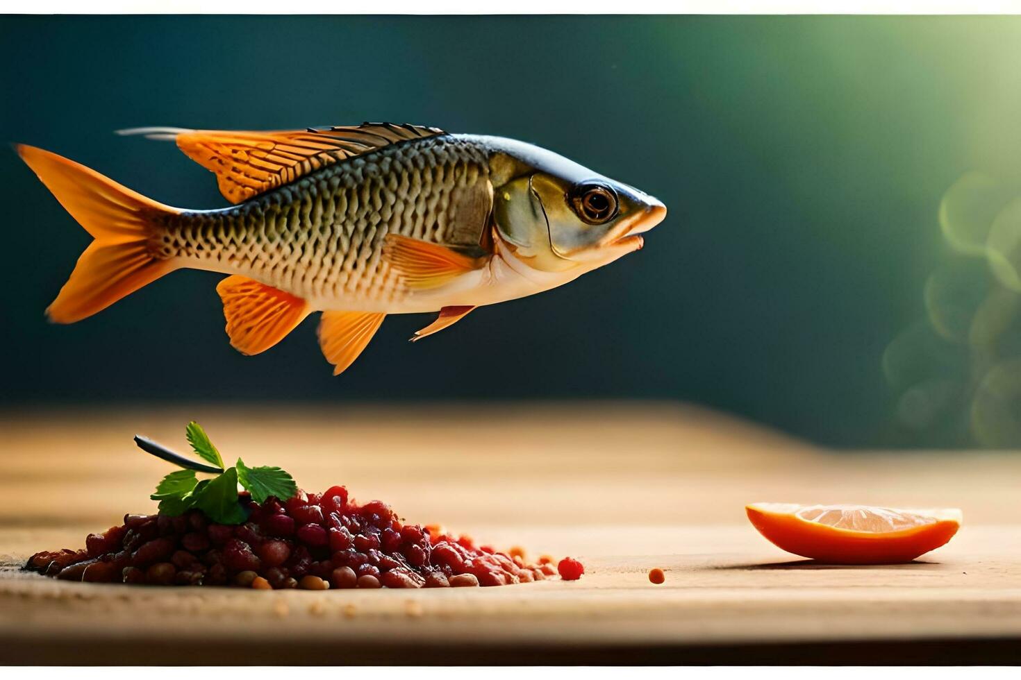 fish jumping over a bowl of food. AI-Generated photo
