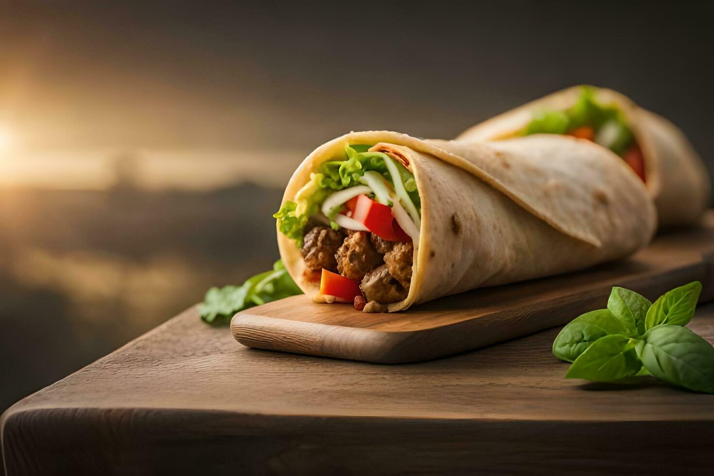 two burritos on a wooden board with a sunset in the background. AI-Generated photo