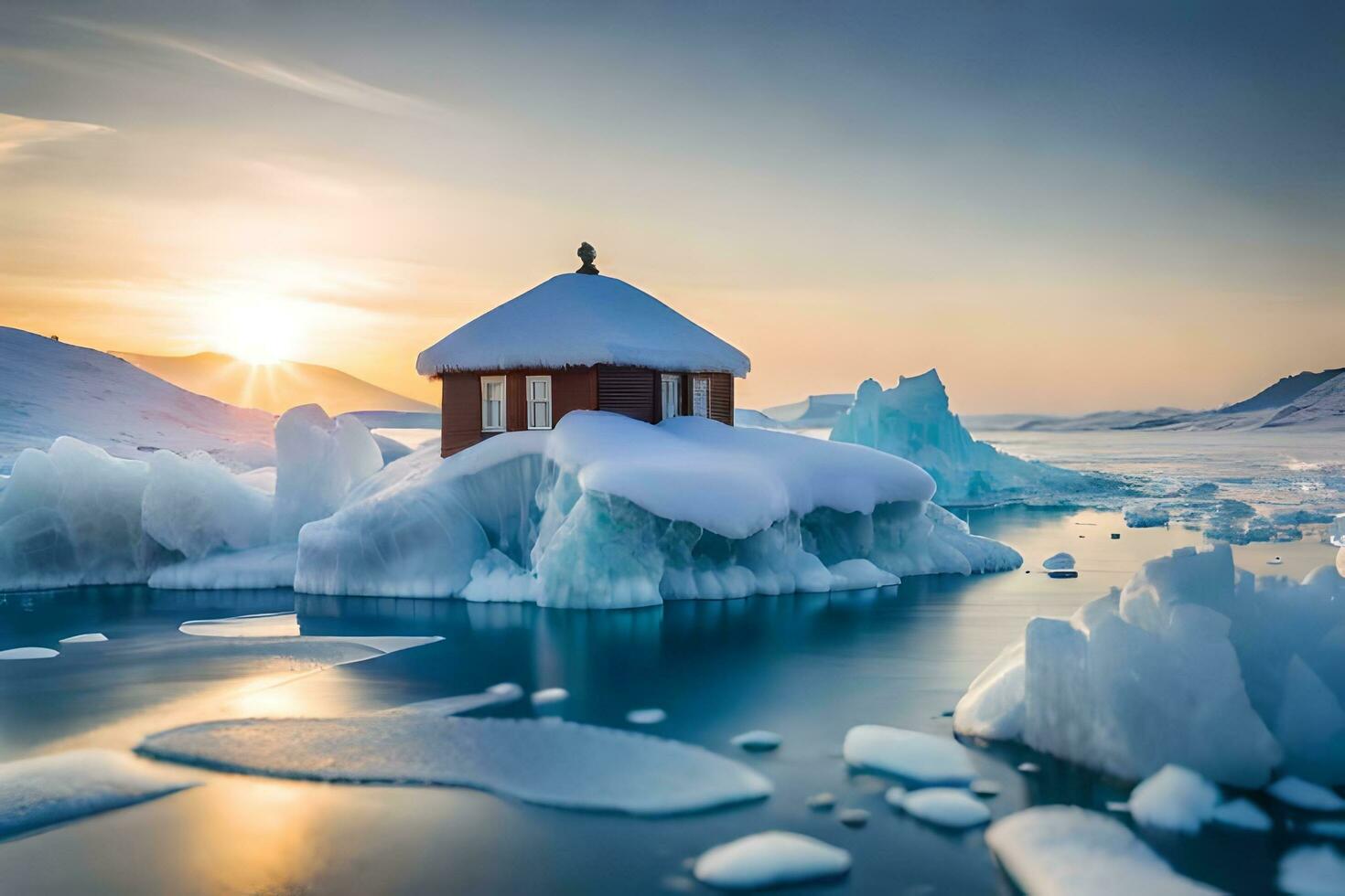 un pequeño casa se sienta en parte superior de un iceberg en el medio de el océano. generado por ai foto