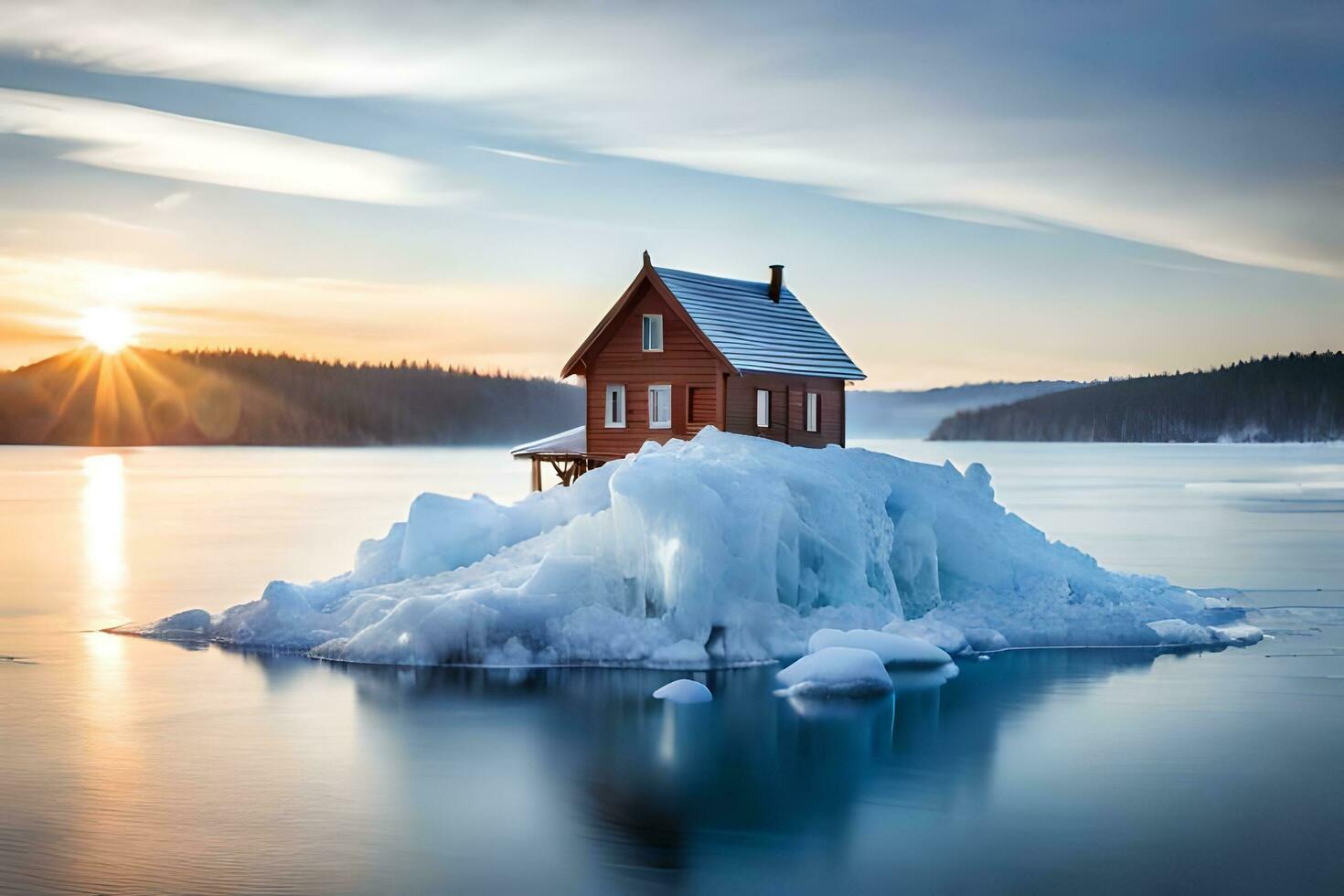 a house sits on an iceberg in the middle of the water. AI-Generated photo