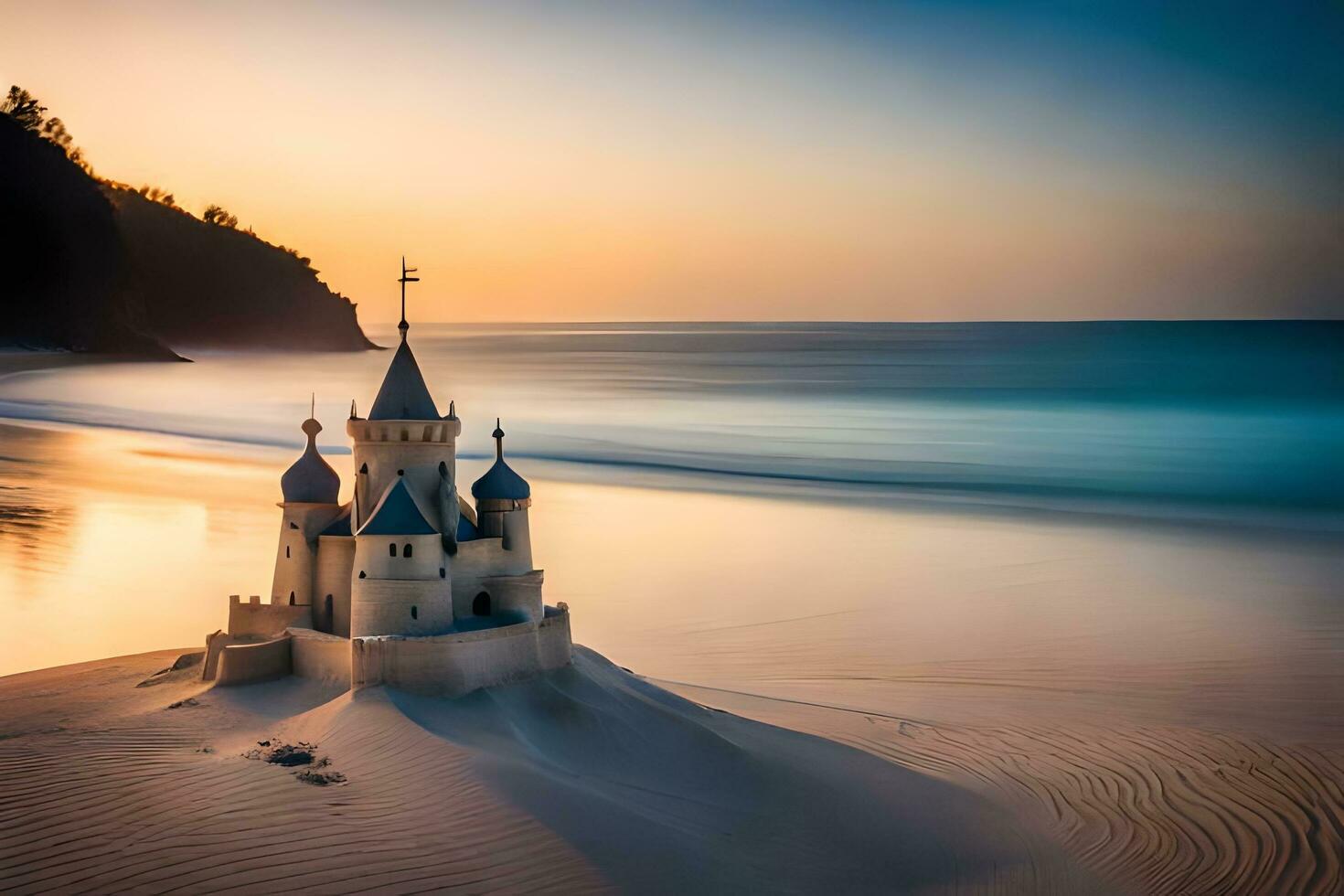 a castle on the beach at sunset. AI-Generated photo