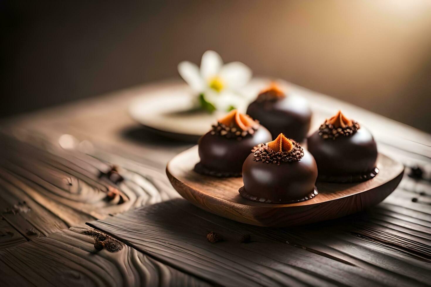 chocolate truffles on wooden plate with flower. AI-Generated photo