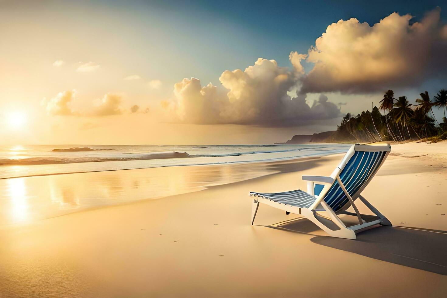 a beach chair sits on the sand at sunset. AI-Generated photo