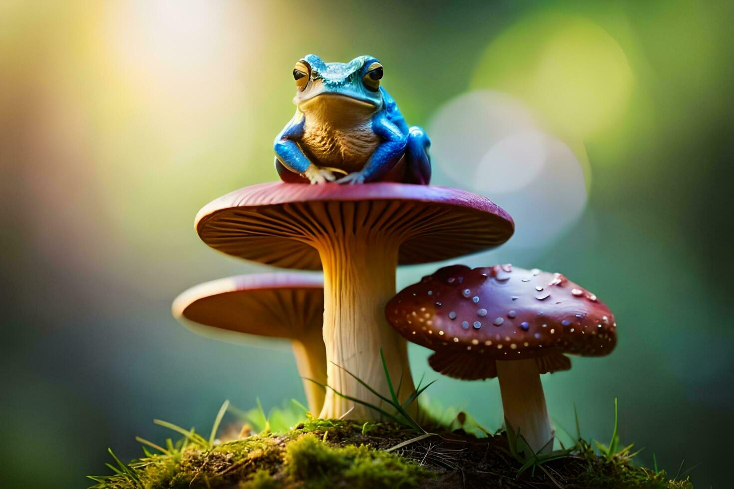 a blue frog sits on top of a mushroom. AI-Generated photo