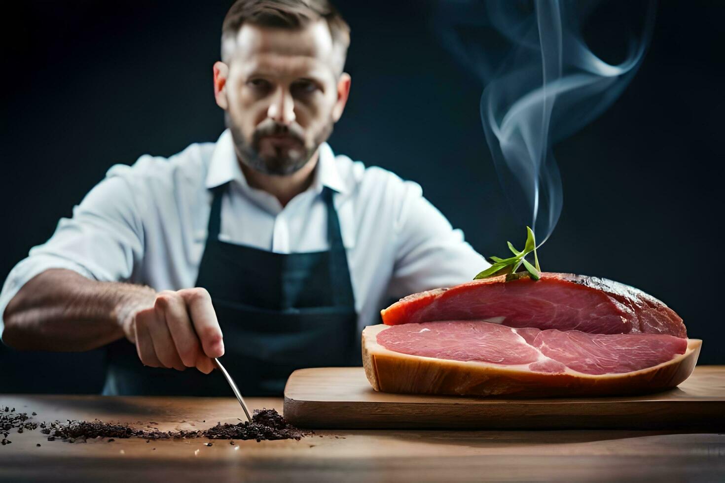 a man in an apron is holding a piece of meat. AI-Generated photo