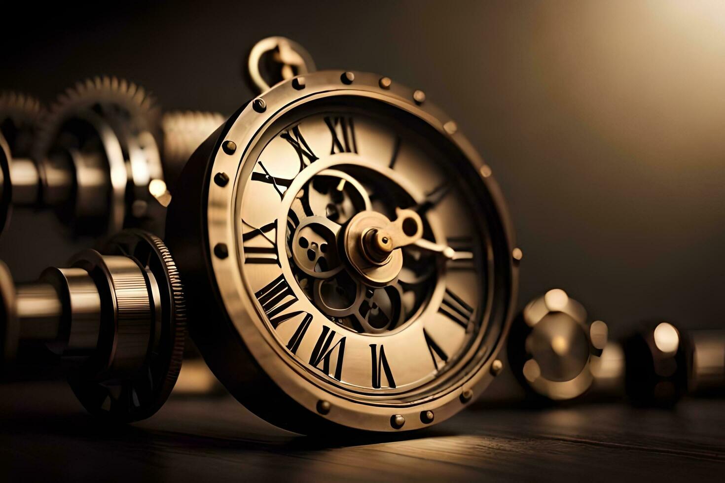 an old clock with gears and a watch. AI-Generated photo