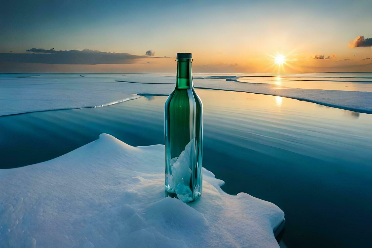 a bottle of wine sitting on the ice in front of the sun. AI-Generated photo