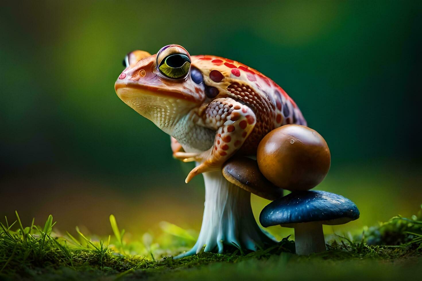 a frog sitting on top of a mushroom. AI-Generated photo