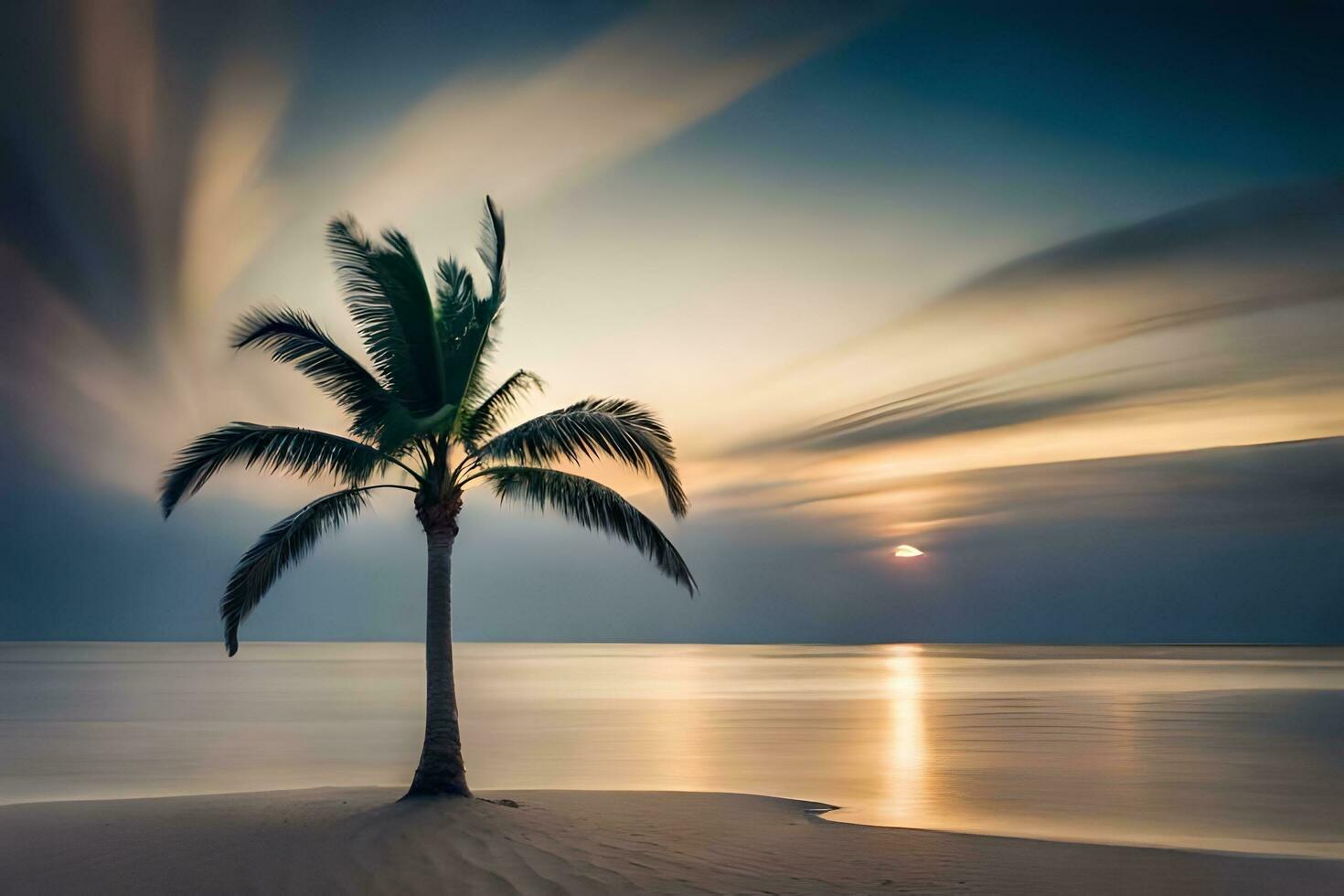 a palm tree stands alone on a beach at sunset. AI-Generated photo