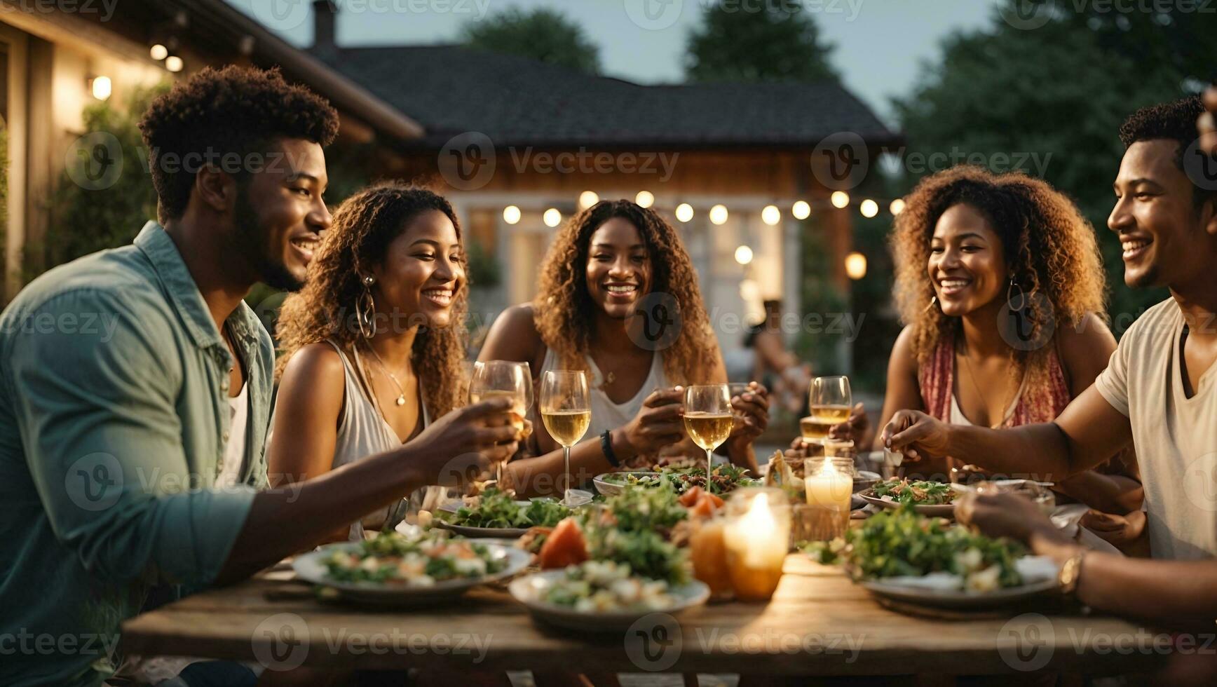 Group of Multiethnic Diverse People Having Fun, Communicating with Each Other and Eating at Outdoors Dinner. Family and Friends Gathered Outside Their Home on a Warm Summer Evening.. Ai Generated photo