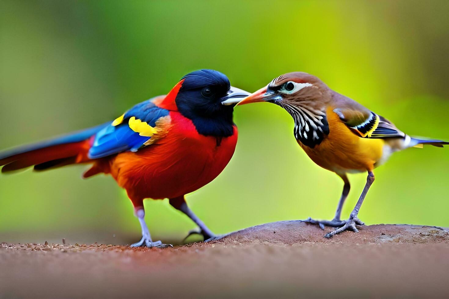 dos vistoso aves en pie en un roca. generado por ai foto