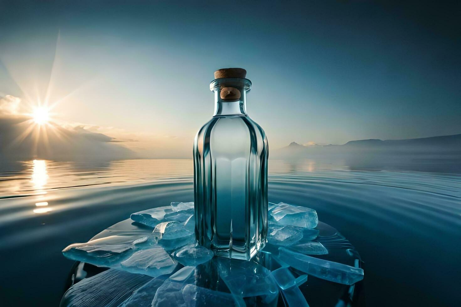 a bottle of alcohol sitting on ice in the water. AI-Generated photo