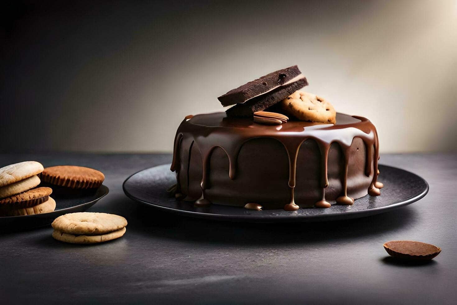 chocolate cake with cookies and chocolate drizzle on dark background. AI-Generated photo