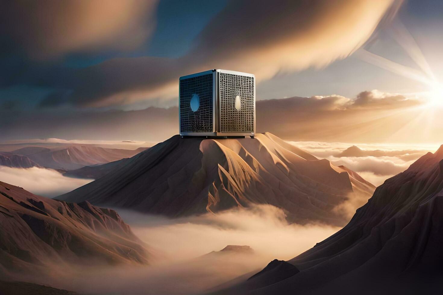 a computer tower is sitting on top of a mountain. AI-Generated photo