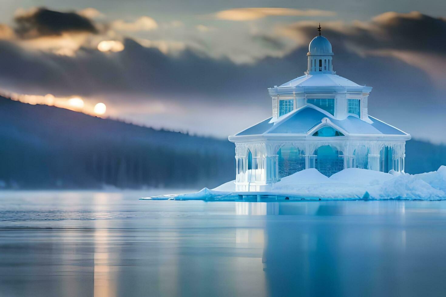 a small white church sits on an iceberg in the middle of the water. AI-Generated photo