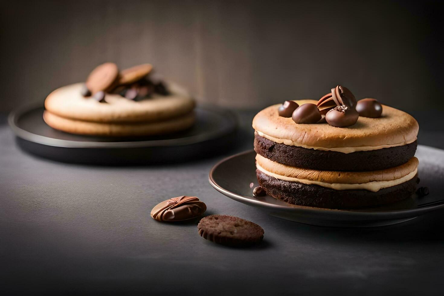 two cakes with chocolate and pecans on a dark table. AI-Generated photo