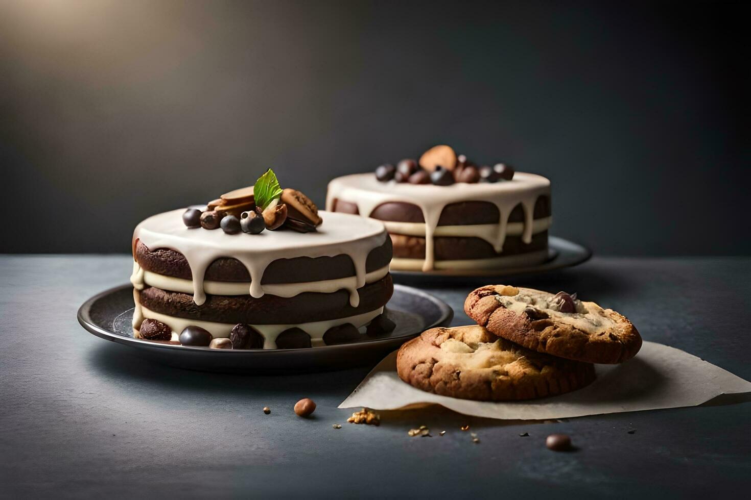 two cakes with chocolate frosting and cookies. AI-Generated photo