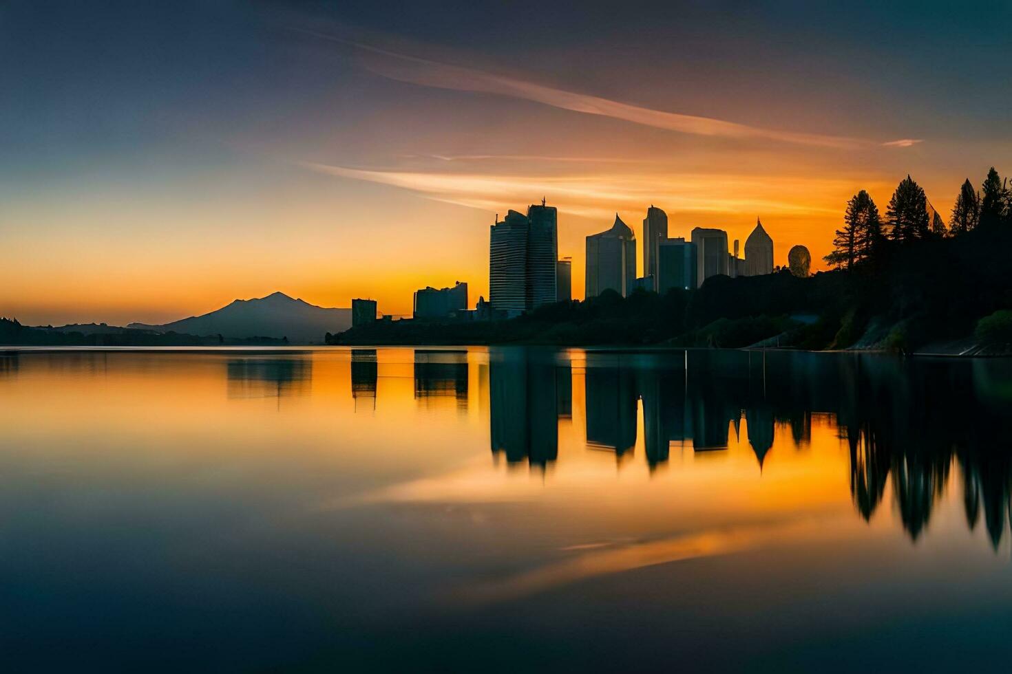 a city skyline is reflected in a lake at sunset. AI-Generated photo