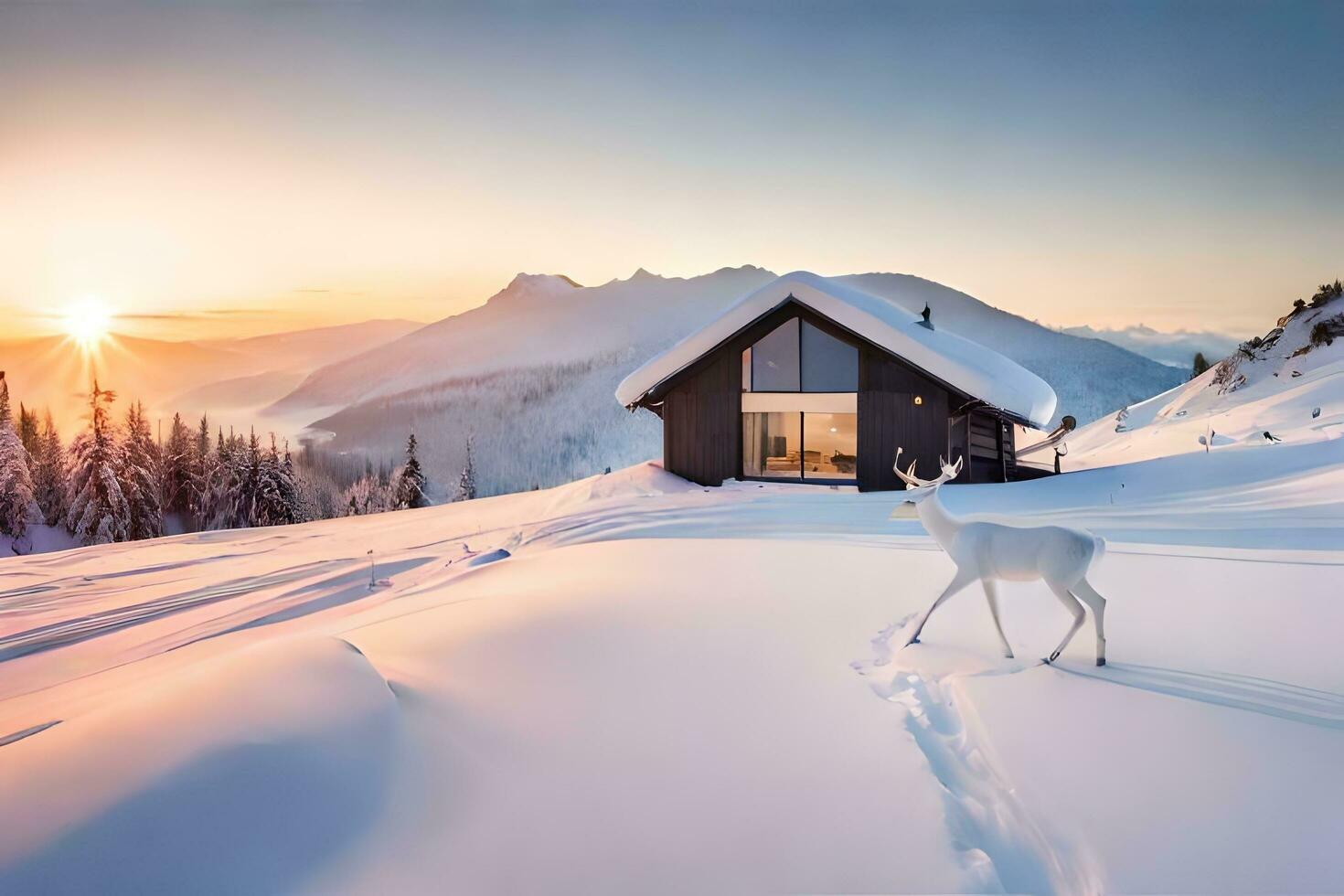 un ciervo soportes en frente de un cabina en el nieve. generado por ai foto