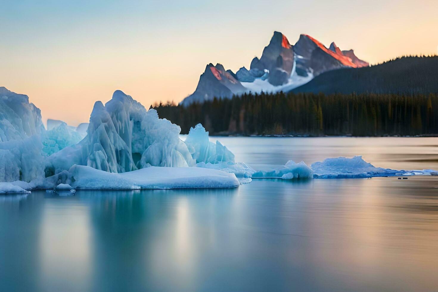 icebergs float in the water at sunset. AI-Generated photo
