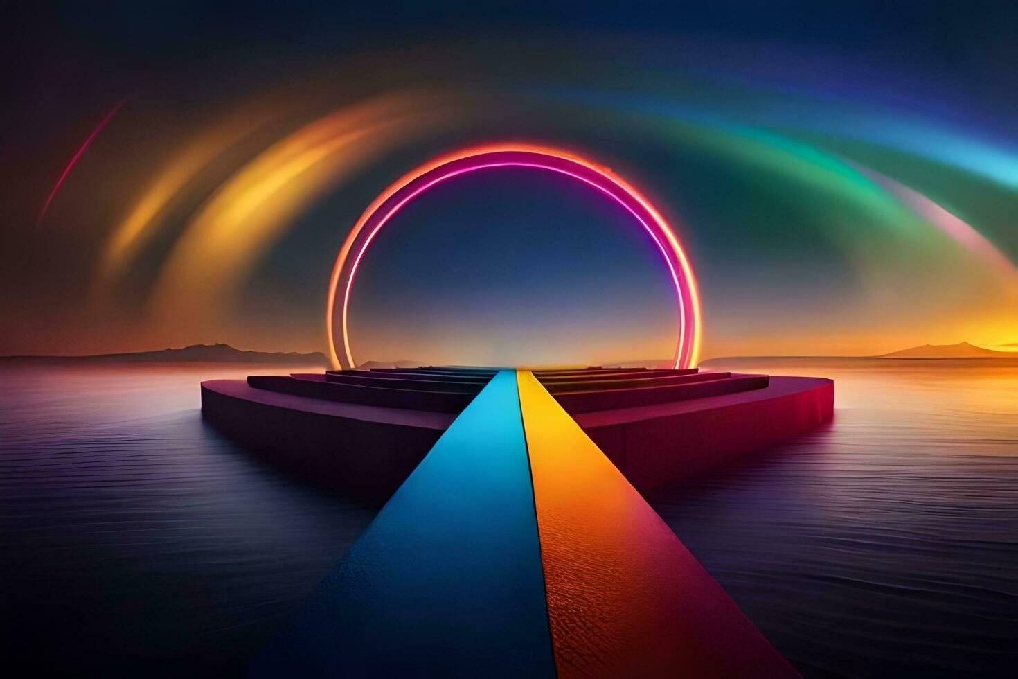 a rainbow arch over water at sunset. AI-Generated photo