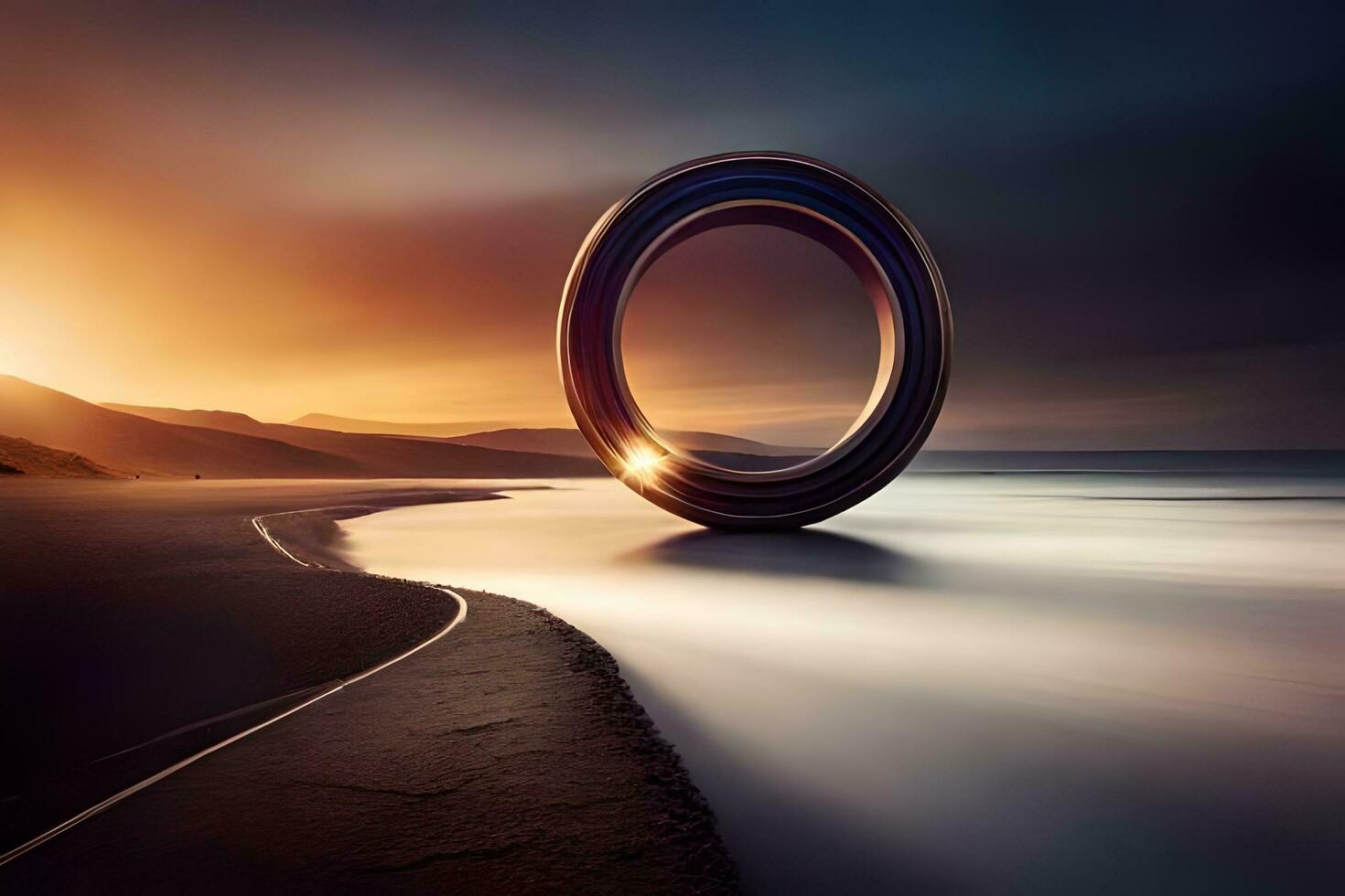 a ring is sitting on the beach at sunset. AI-Generated photo