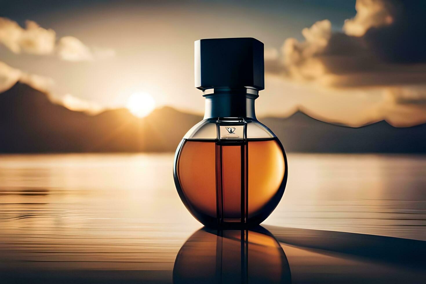 a bottle of perfume sitting on the water with the sun setting in the background. AI-Generated photo