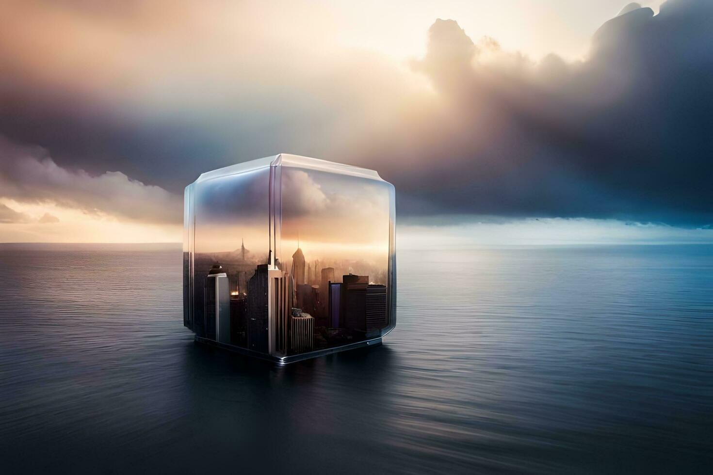 a cube with a city in it on the ocean. AI-Generated photo