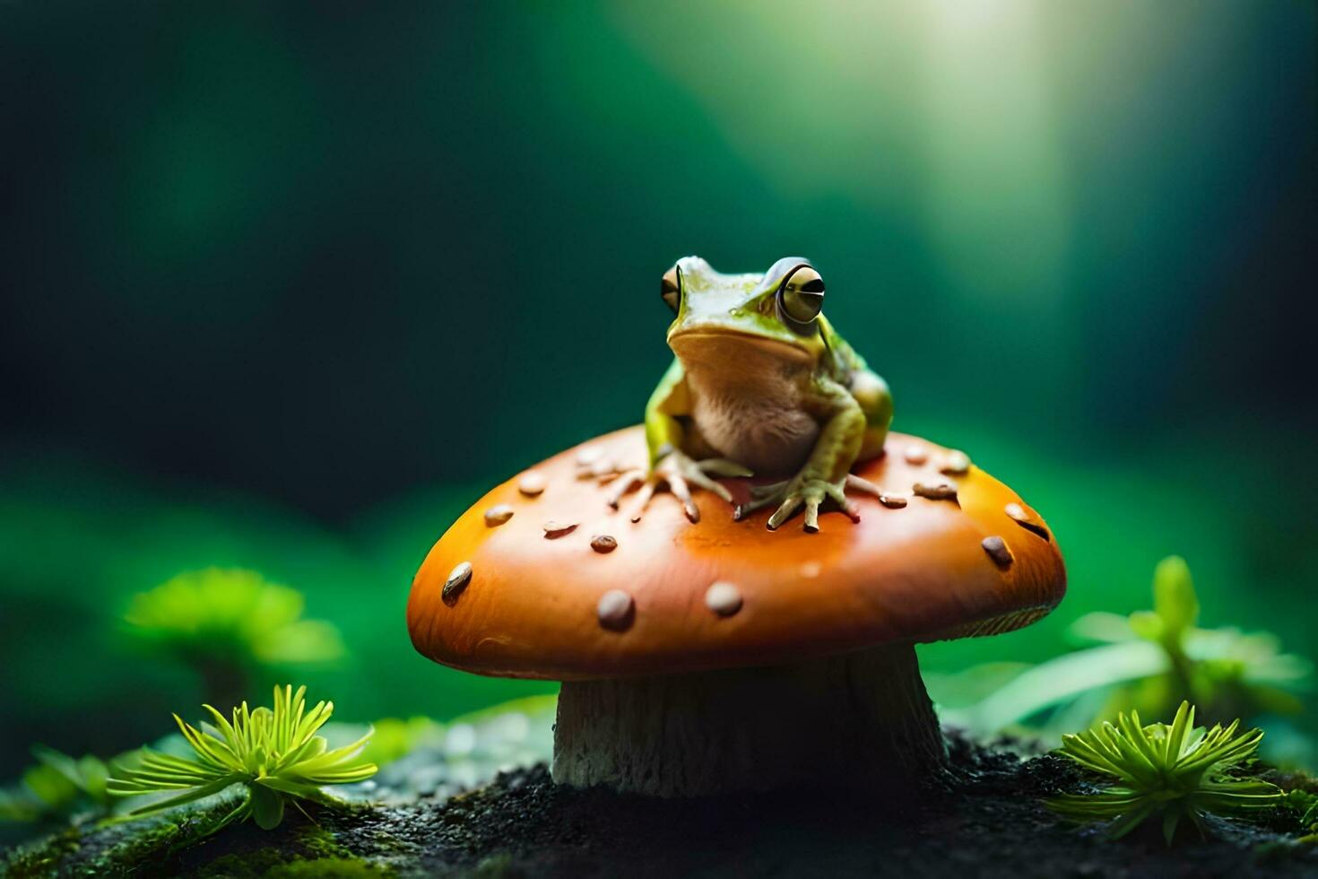 a frog sits on top of a mushroom in the forest. AI-Generated photo