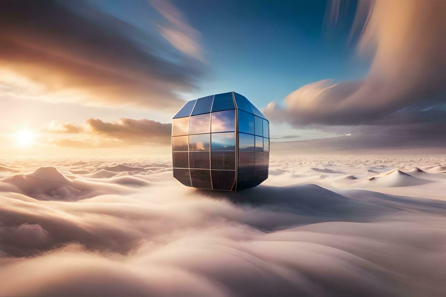 a cube floating in the clouds. AI-Generated photo