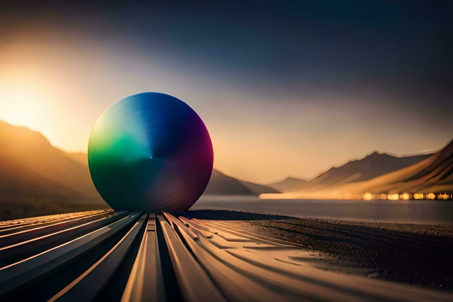 a ball sitting on the ground with a sunset in the background. AI-Generated photo