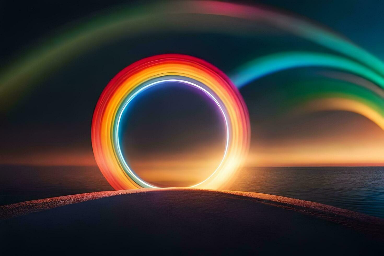 a rainbow light is shining in the sky. AI-Generated photo