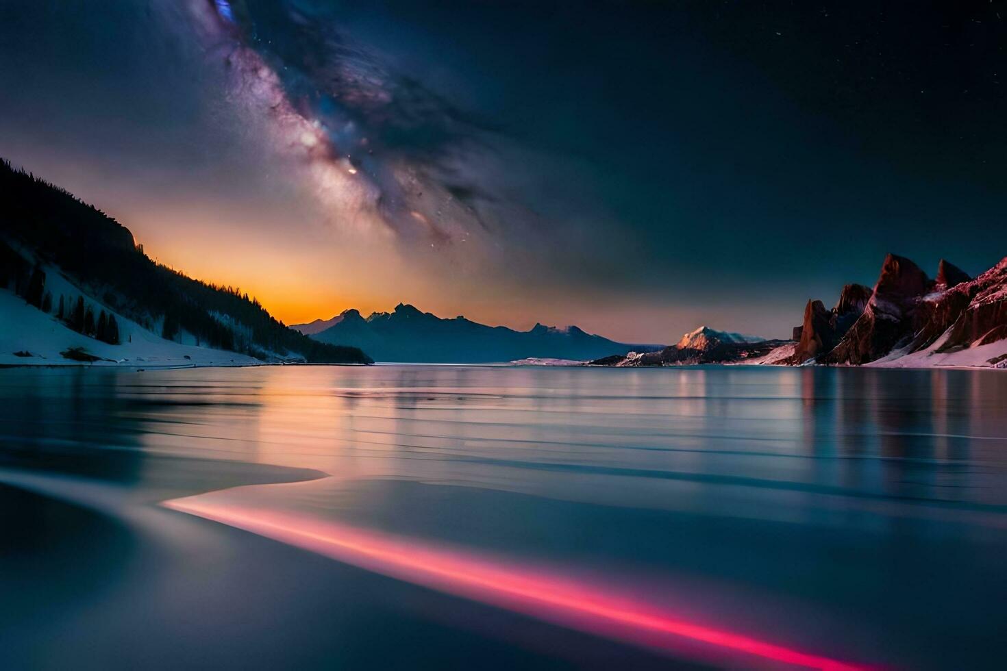 the milky way over the lake at night. AI-Generated photo