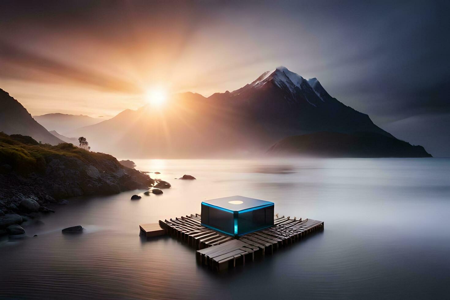 a blue box floating in the water near mountains. AI-Generated photo