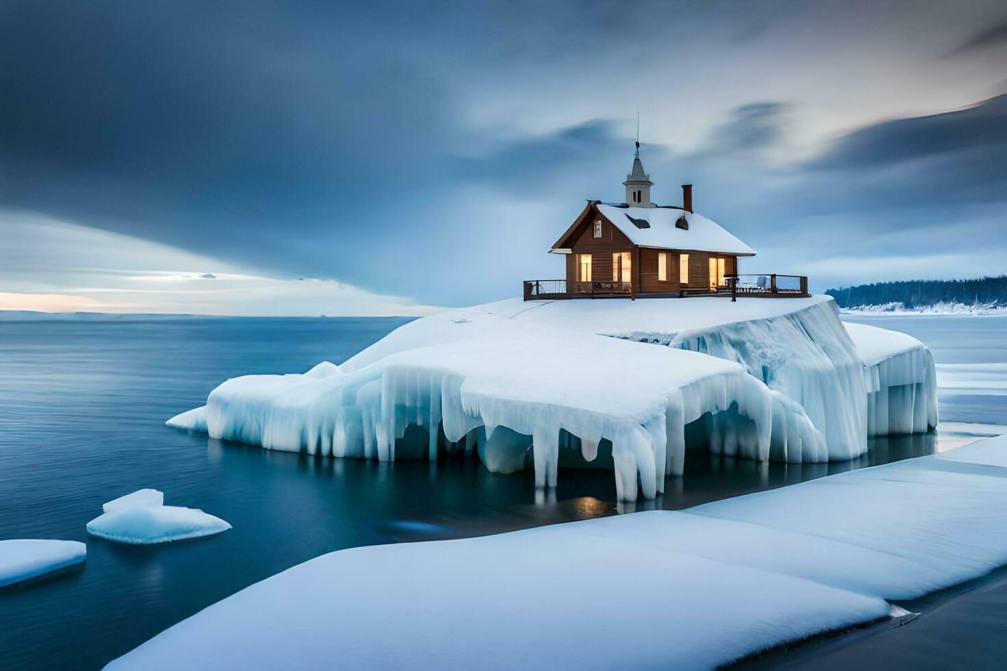 a small house sits on an iceberg in the middle of the ocean. AI-Generated photo