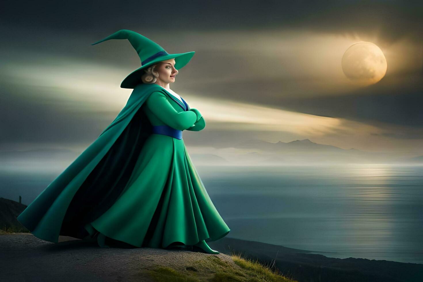 a woman in a green dress and hat stands on a hill overlooking the ocean. AI-Generated photo
