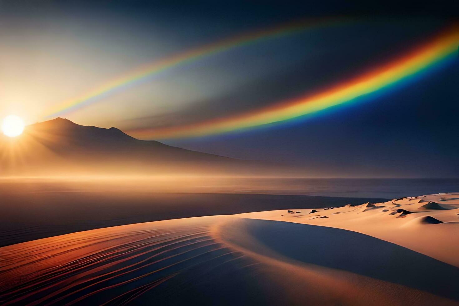 a rainbow is shining over a desert with sand dunes. AI-Generated photo