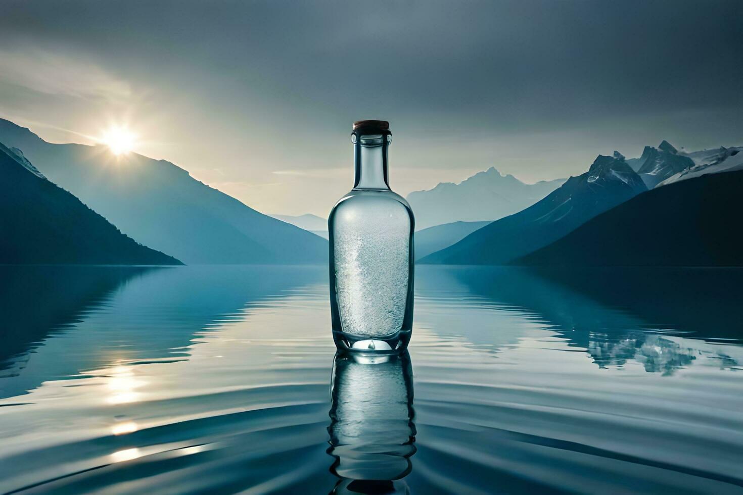 a bottle of water sits on the water in front of mountains. AI-Generated photo