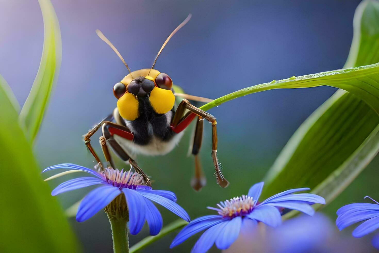 a bug with yellow eyes and black and red stripes is sitting on a flower. AI-Generated photo