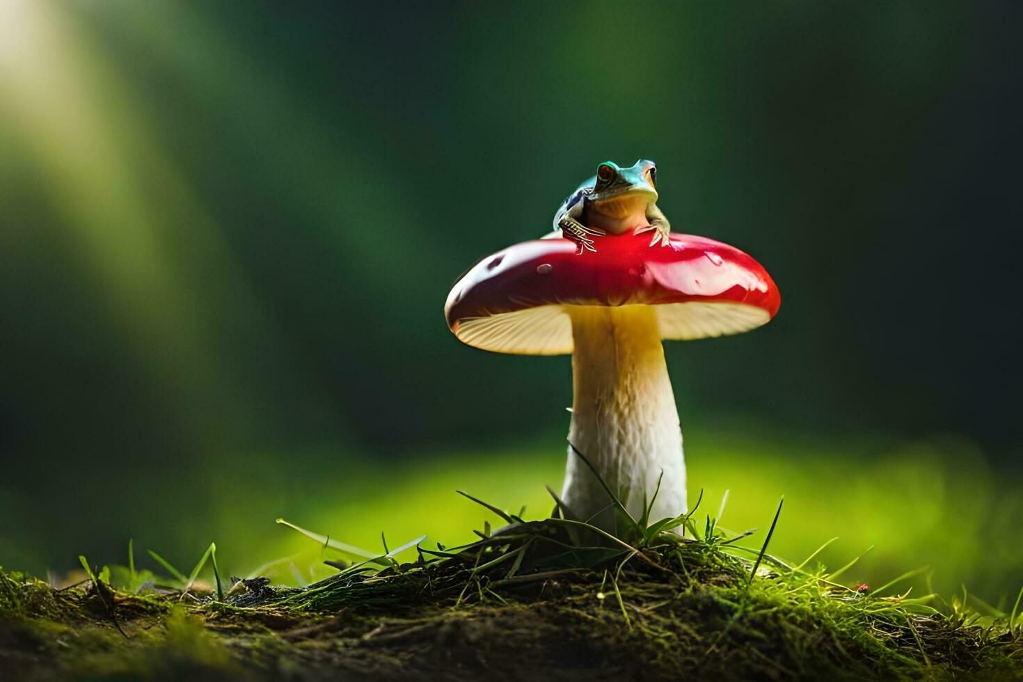 a frog sits on top of a red mushroom. AI-Generated photo