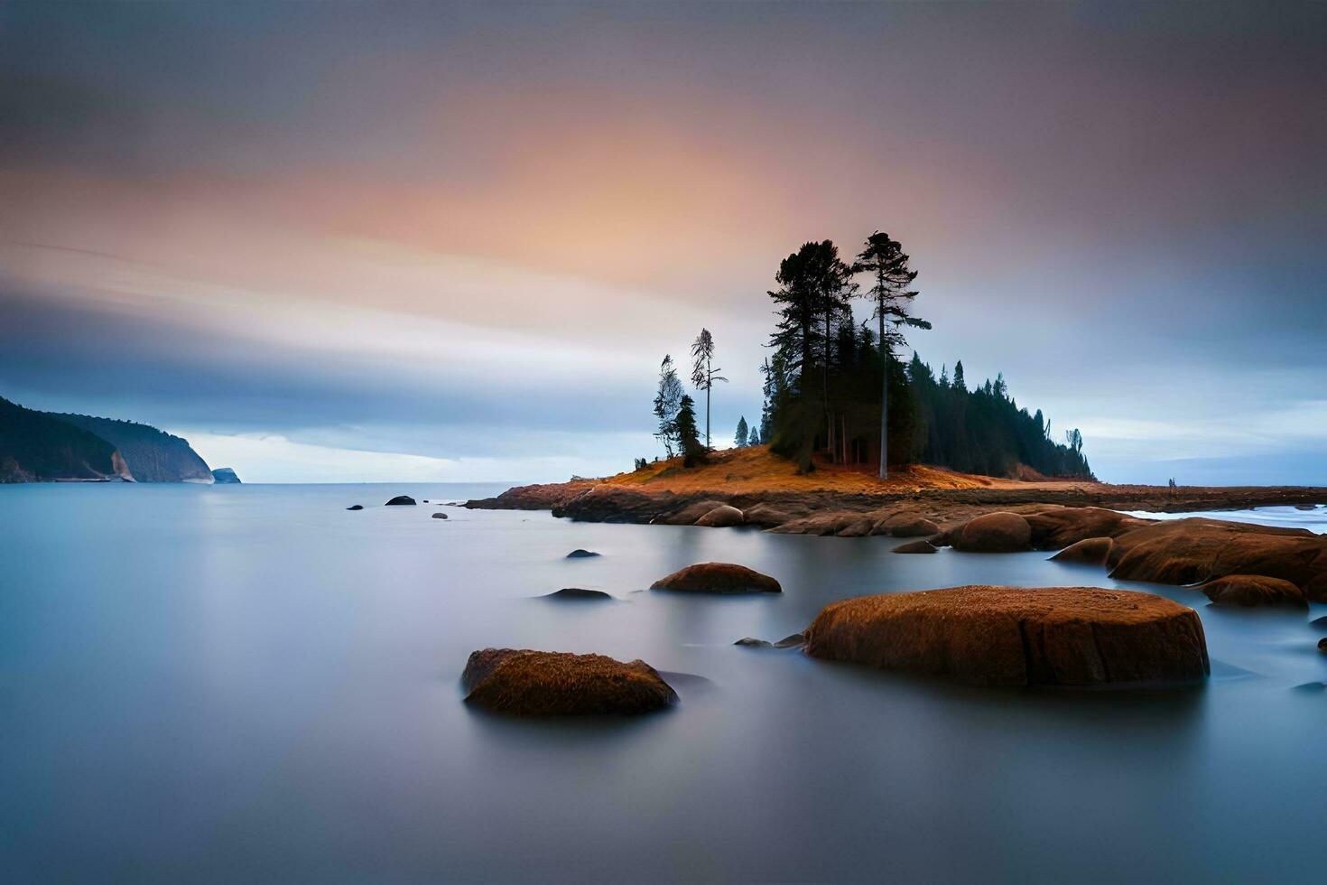 a long exposure photograph of a rocky shoreline and trees. AI-Generated photo