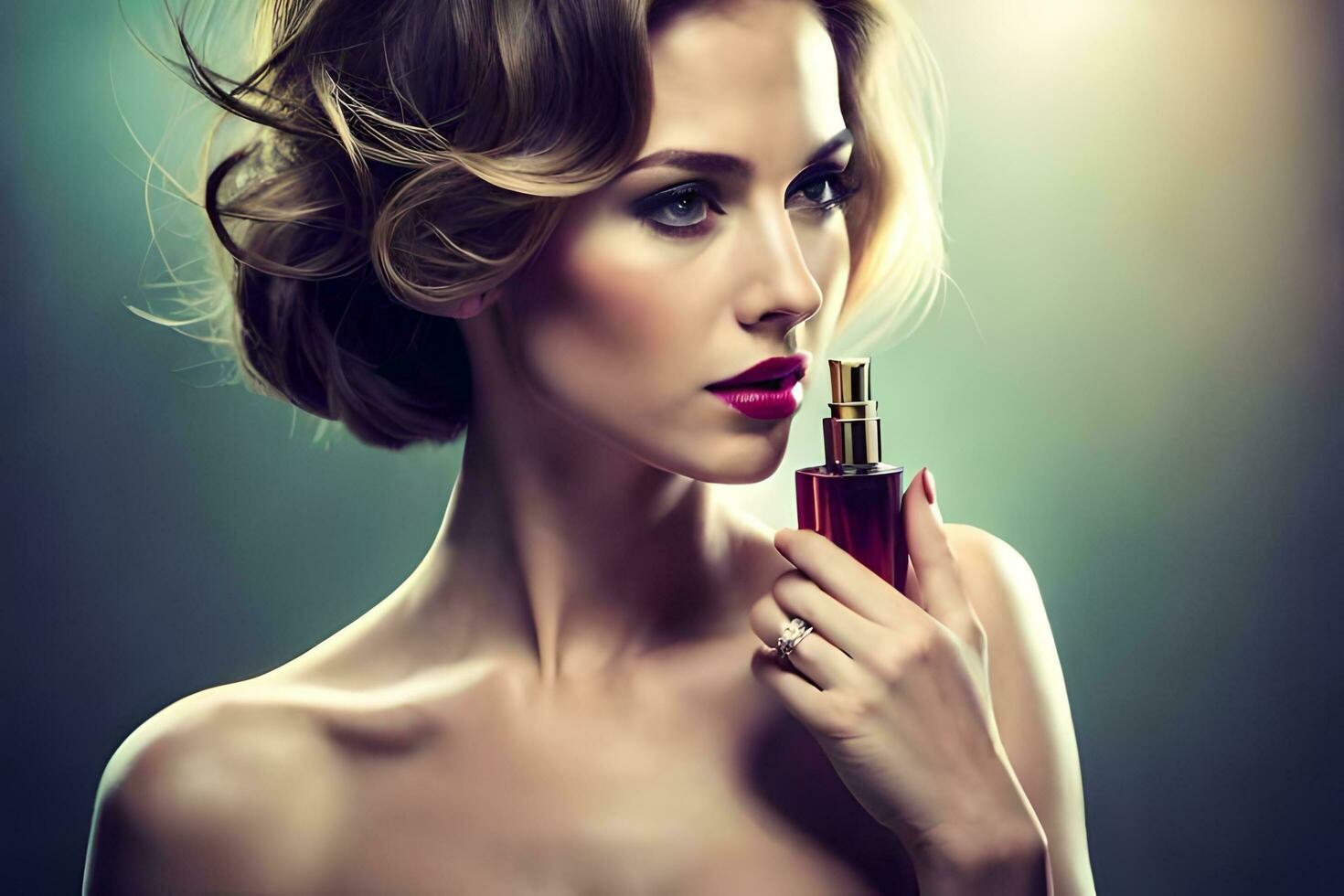 beautiful woman with perfume in her hand. AI-Generated photo