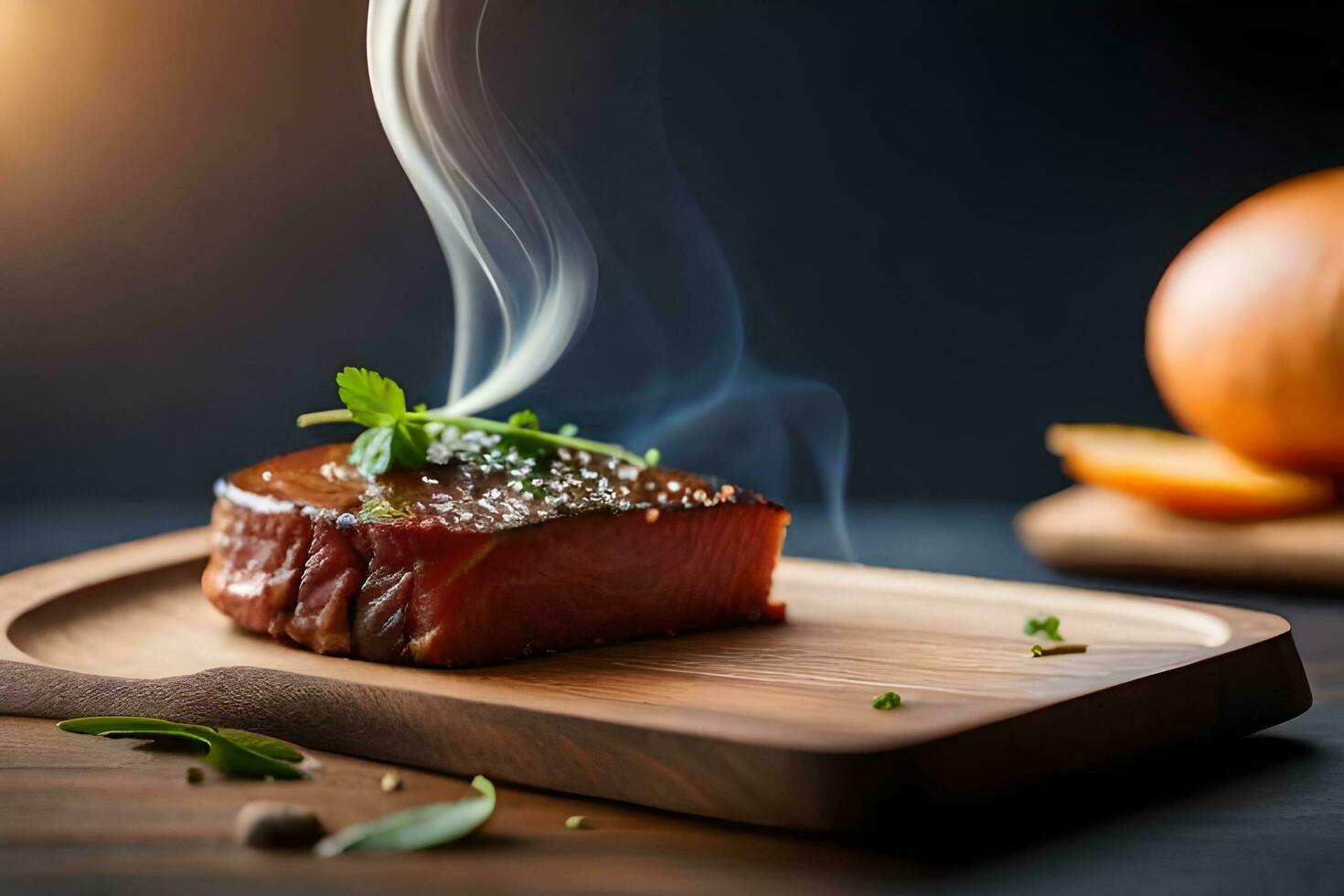 a piece of steak on a wooden cutting board with smoke coming out of it. AI-Generated photo