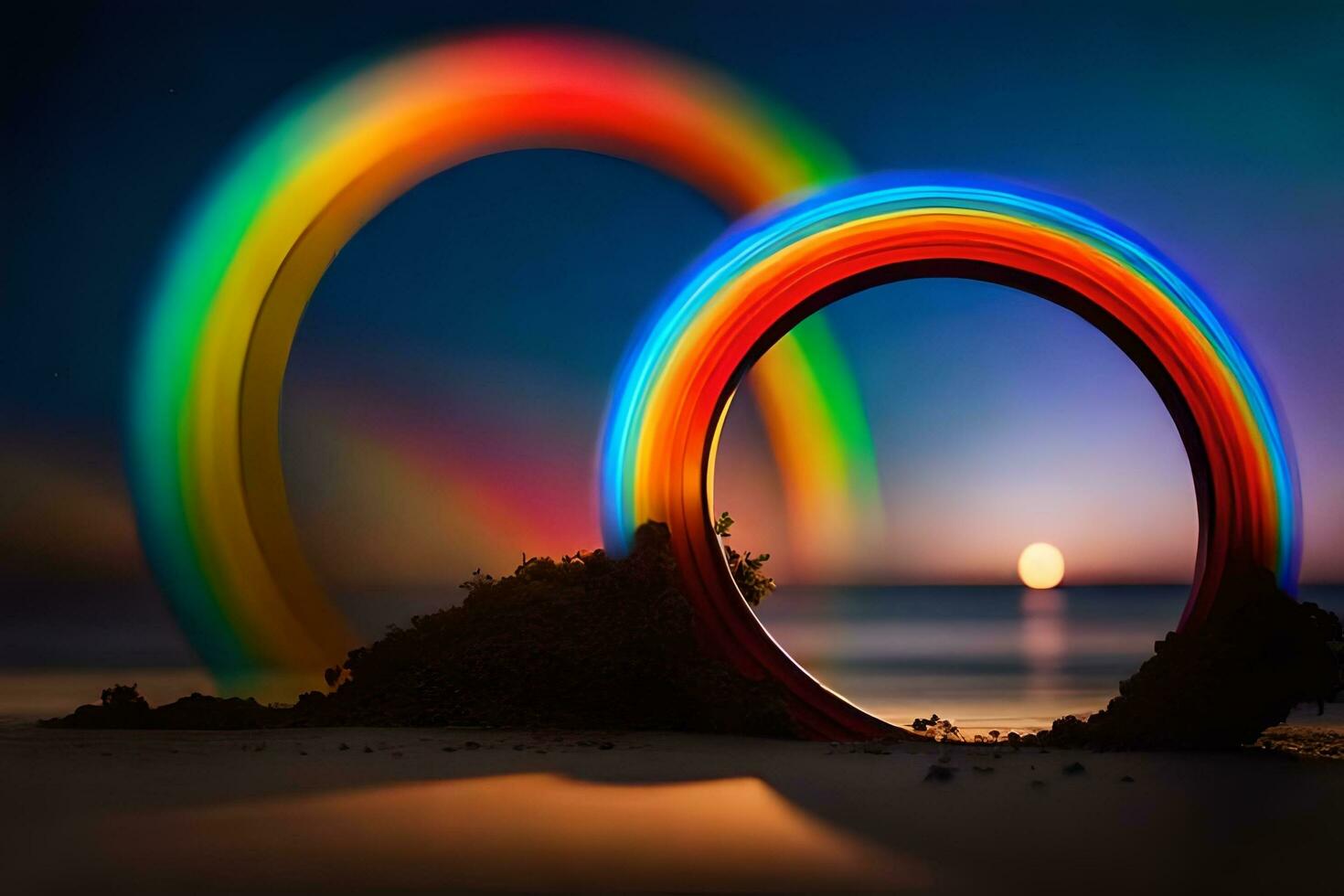 a rainbow is shown in front of a beach. AI-Generated photo