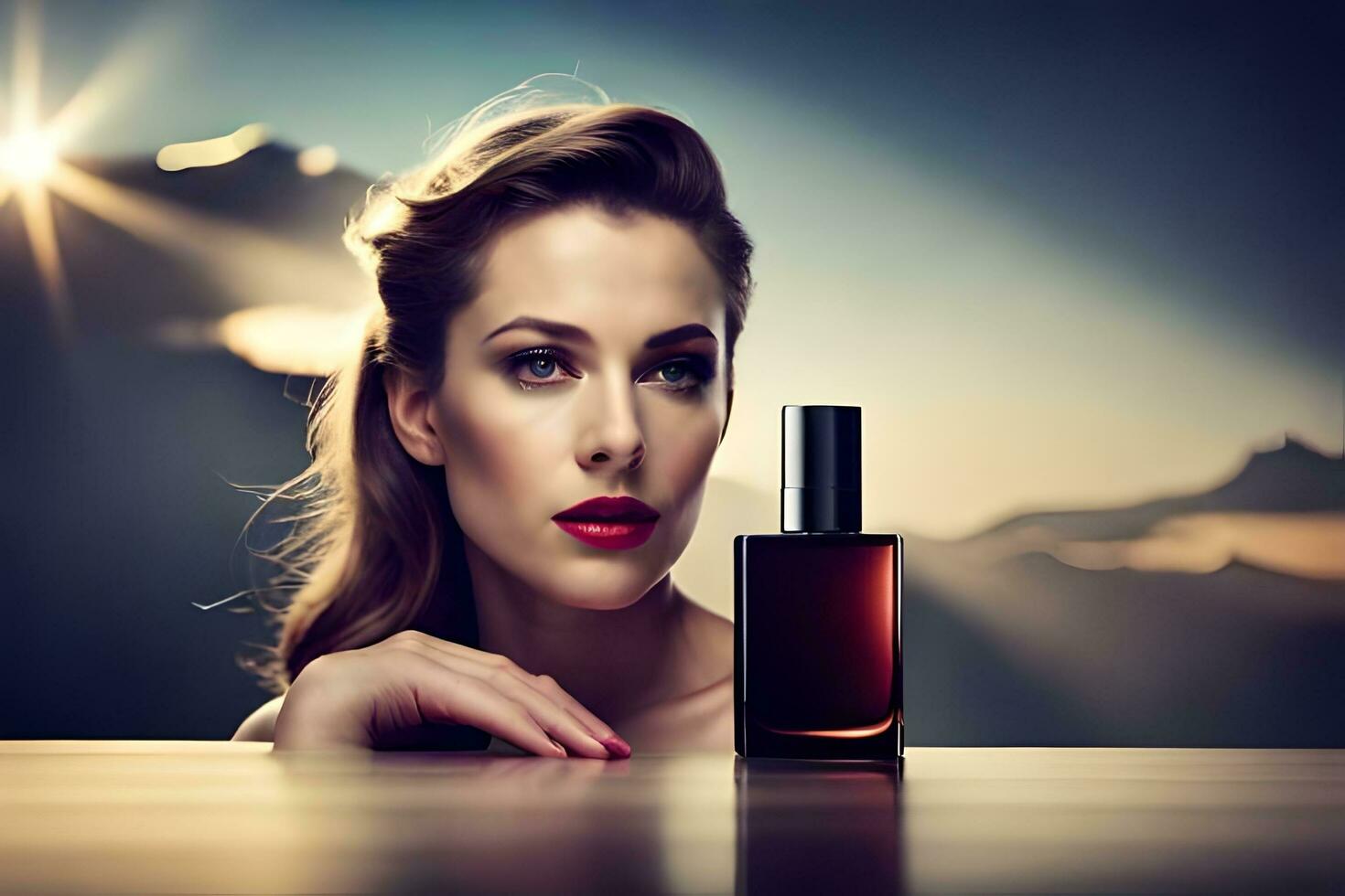 beautiful woman with red lipstick and perfume on table. AI-Generated photo
