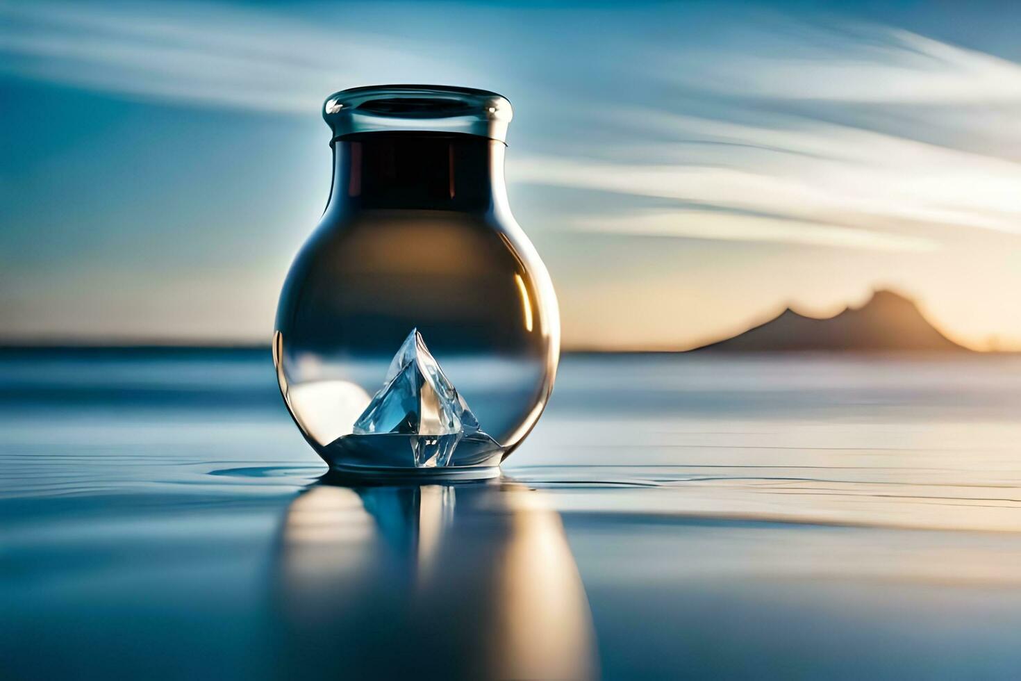 a glass bottle with a diamond in it sitting on the beach. AI-Generated photo