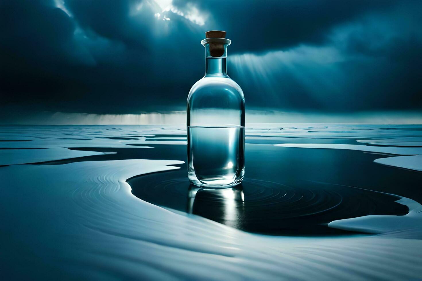 a bottle of water sits on the ocean floor. AI-Generated photo